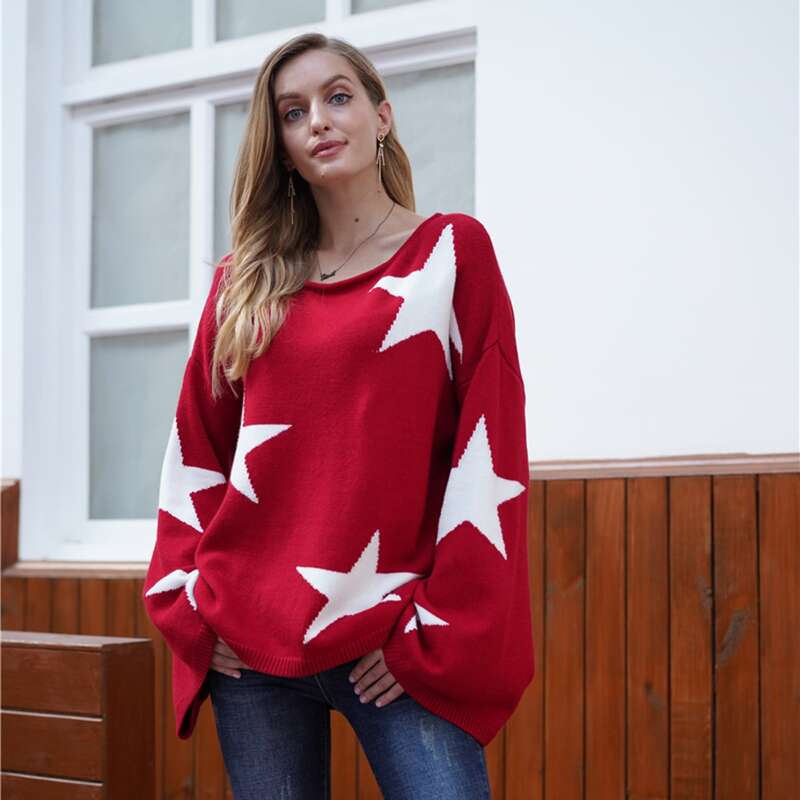 

Geo Pattern Drop Shoulder Sweater, Red