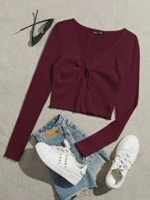 SHEIN MOD Lettuce Trim Knot Front Rib-knit Tee - Burgundy - View 1