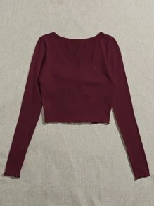 SHEIN MOD Lettuce Trim Knot Front Rib-knit Tee - Burgundy - View 2