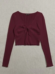 SHEIN MOD Lettuce Trim Knot Front Rib-knit Tee - Burgundy - View 3
