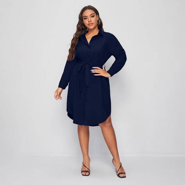 

Plus Solid Button Through Belted Shirt Dress, Navy blue