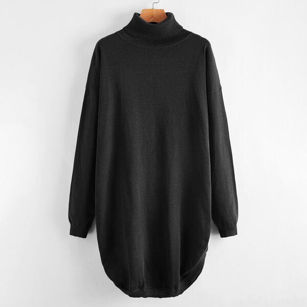 

Funnel Neck Drop Shoulder Curved Hem Sweater Dress, Black