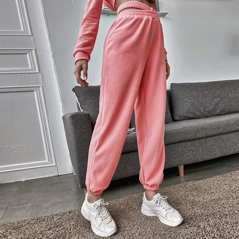 

High Waisted Elastic Waist Fleece Pants, Watermelon pink
