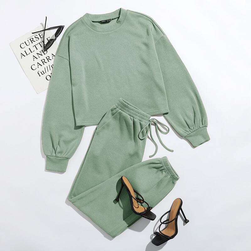 

Drop Shoulder Solid Pullover & Sweatpants Set, Mint green