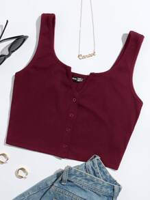SHEIN EZwear Top tank con botón delantero de cuello V - Granate - Ver 1