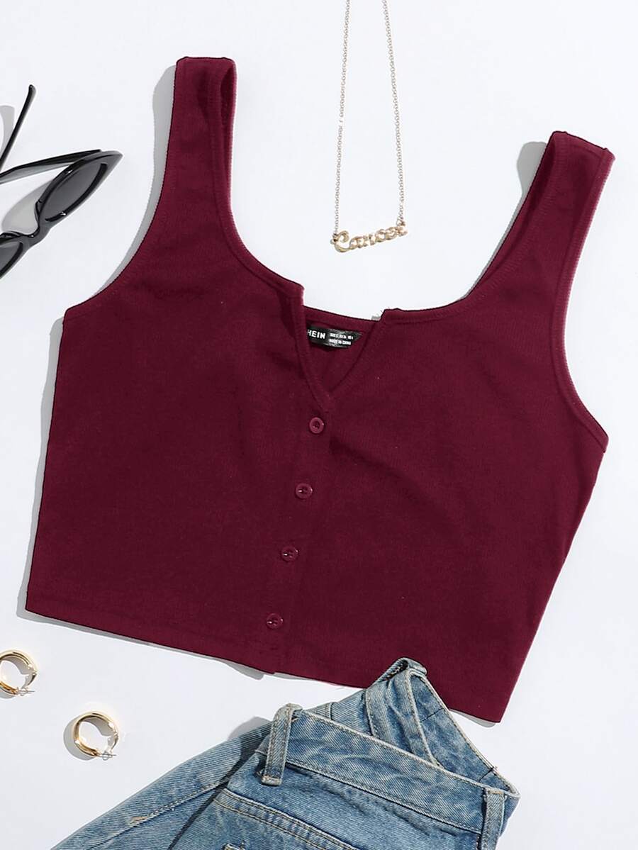 SHEIN EZwear Top tank con botón delantero de cuello V - Granate - Ver 1