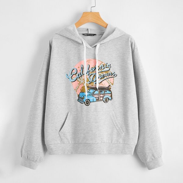 

Car And Letter Graphic Drawstring Hoodie, Light grey