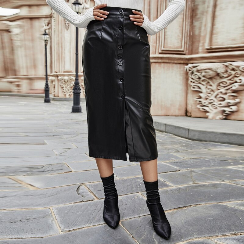 

Button Through PU Straight Skirt, Black