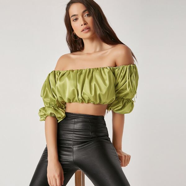 

Ruched Detail Puff Sleeve Crop Top, Olive green