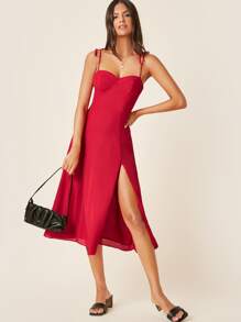 SHEIN Tie Shoulder High Split Hem Bustier Dress - Rose Red - View 5