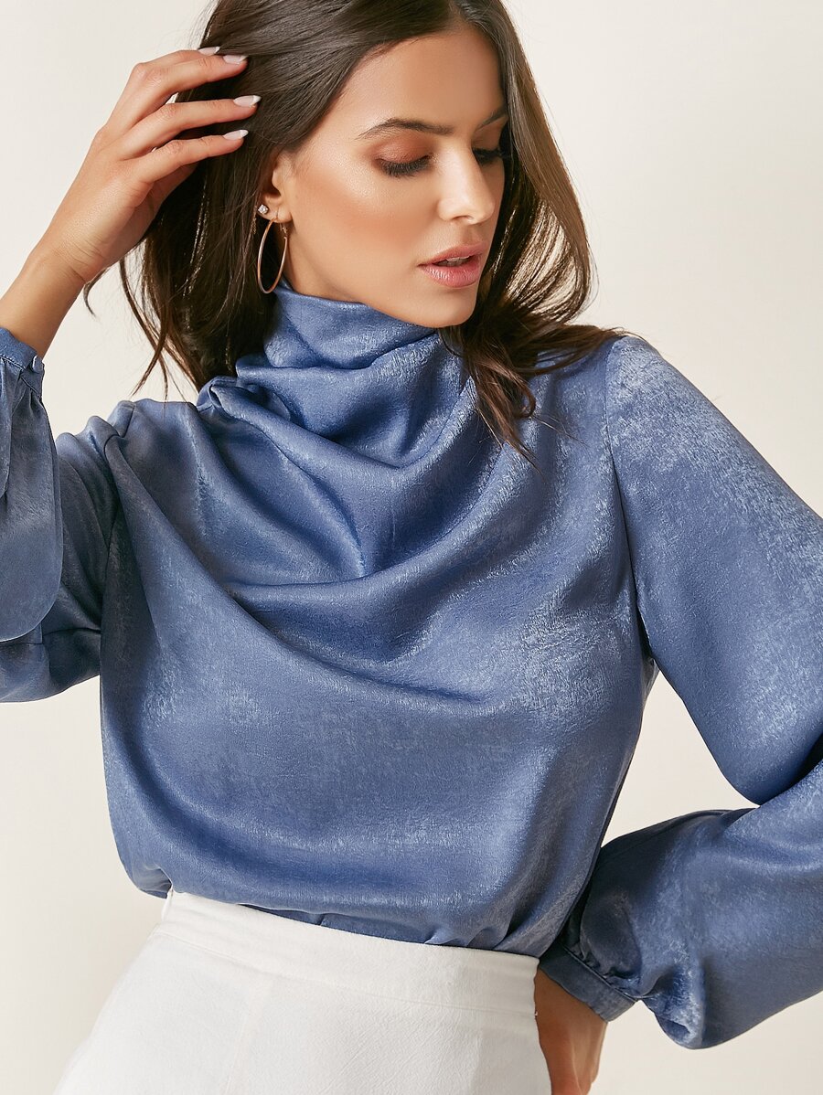 SHEIN Draped Front Lantern Sleeve Top - Dusty Blue - View 1