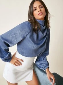 SHEIN Draped Front Lantern Sleeve Top - Dusty Blue - View 3