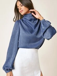 SHEIN Draped Front Lantern Sleeve Top - Dusty Blue - View 4