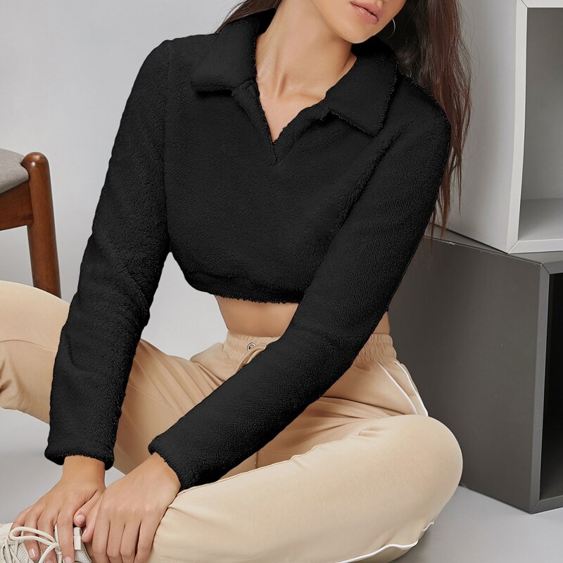 

Collared V-neck Teddy Crop Pullover, Black