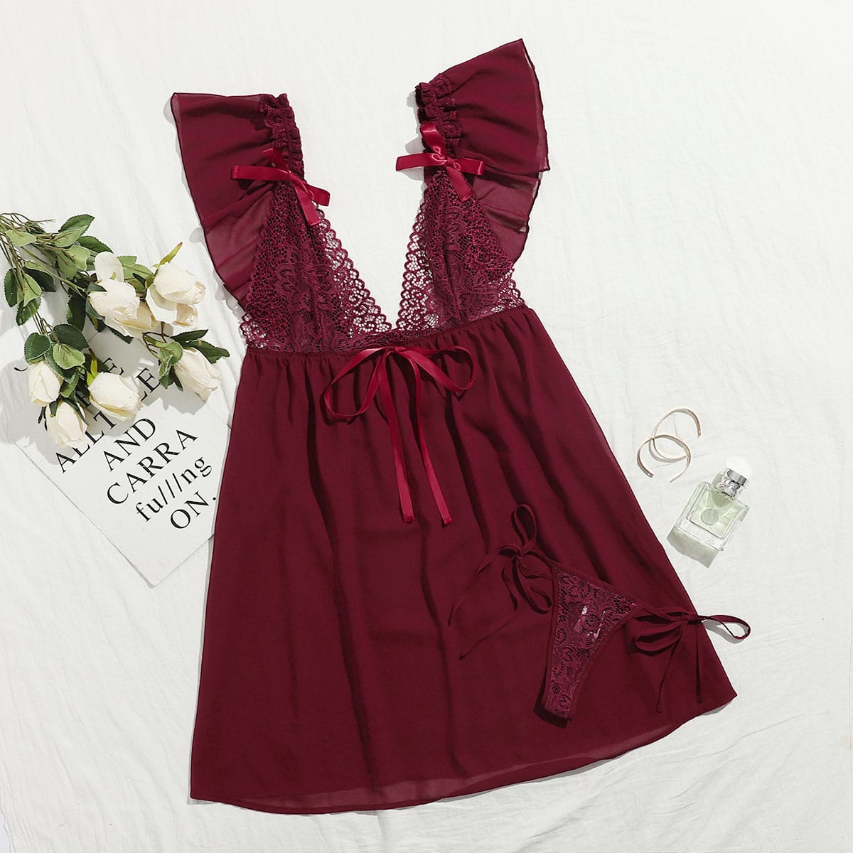 Image of Bow Detail Lace Insert Night Dress With Panty