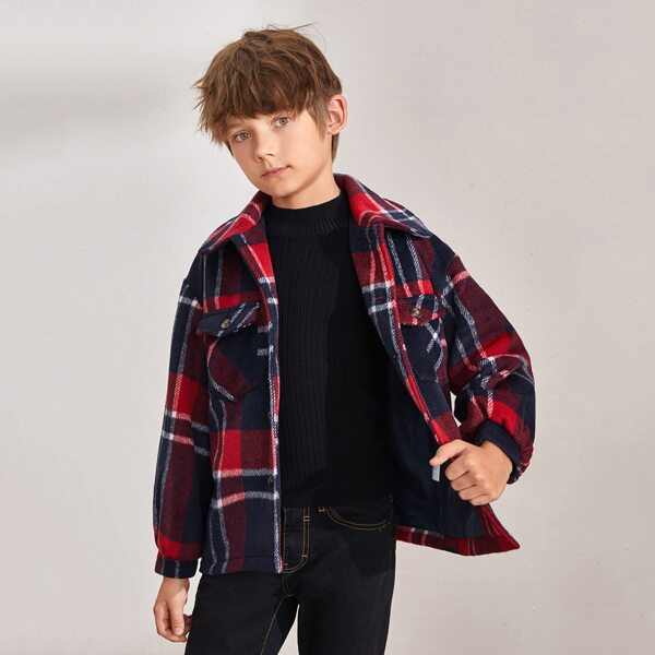 

Boys Drop Shoulder Buttoned Plaid Coat, Multicolor
