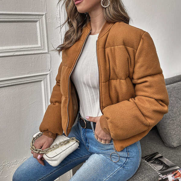 

O-ring Zip Front Bomber Puffer Jacket, Brown