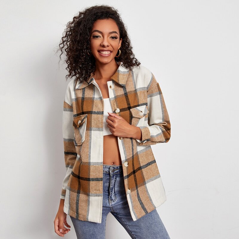 

Flap Pocket Front Drop Shoulder Plaid Coat, Multicolor