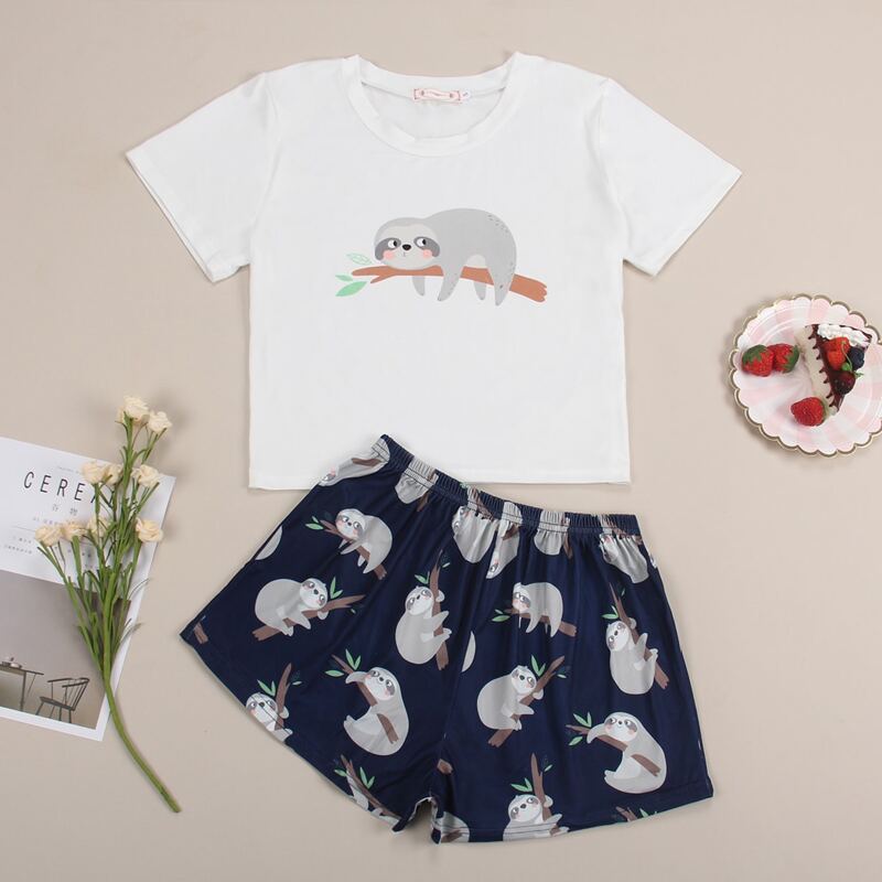

Cartoon Graphic Tee With Shorts PJ Set, Blue and white