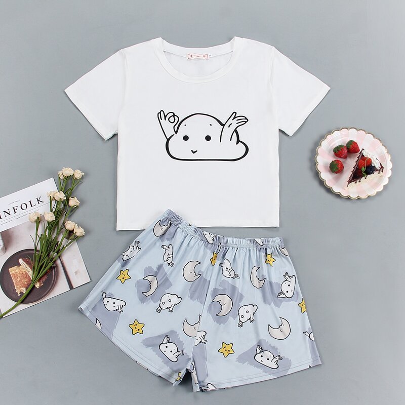 

Cartoon Graphic Tee With Shorts PJ Set, Blue and white