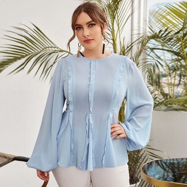

Plus Lantern Sleeve Ruffle Trim Top, Pastel baby blue