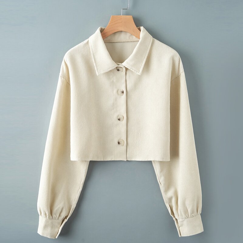 

Corduroy Button Front Crop Overshirt, Beige