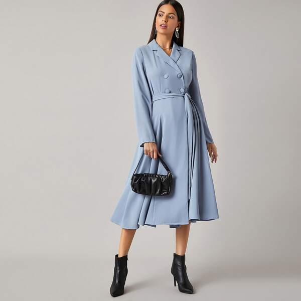 

Notched Collar Buttoned Front Self Belted Godet Blazer Dress, Baby blue