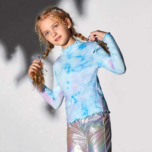 

Girls Mock-Neck Lettuce Trim Tie Dye Top, Multicolor