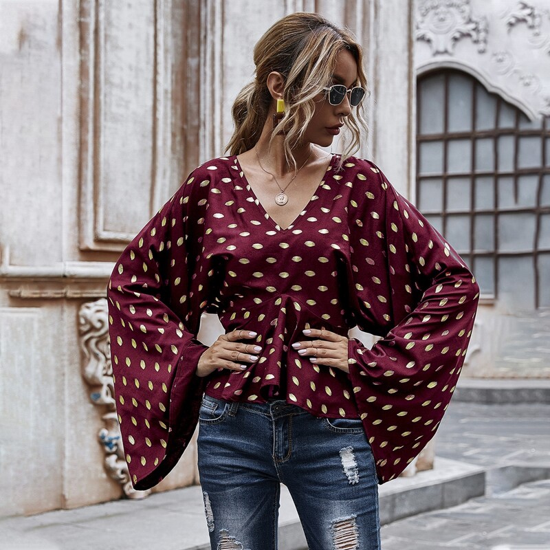 

Gilding Print Kimono Sleeve Peplum Blouse, Maroon