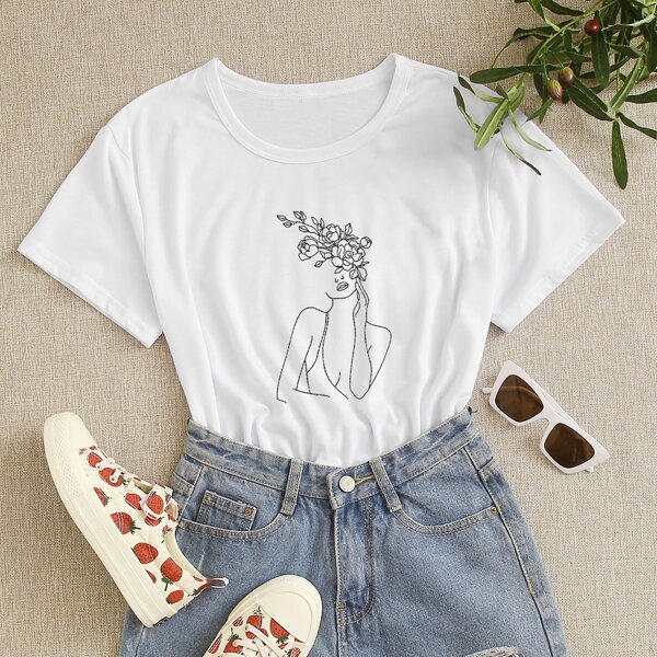 

Figure And Flower Print Tee, White