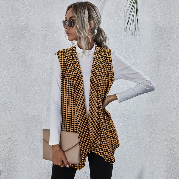 

Houndstooth Print Waterfall Collar Vest, Multicolor
