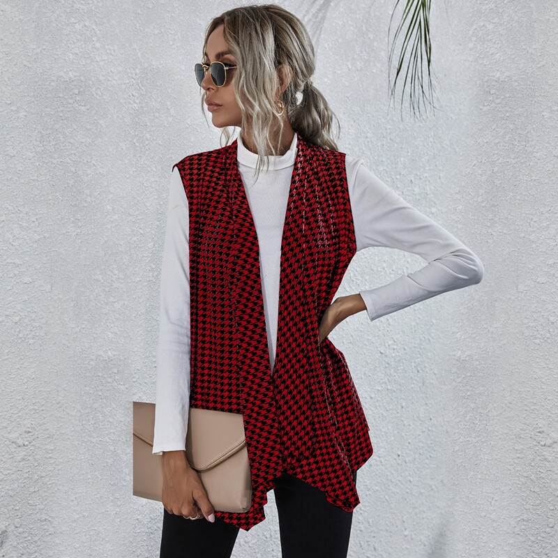 

Houndstooth Print Waterfall Collar Vest, Multicolor