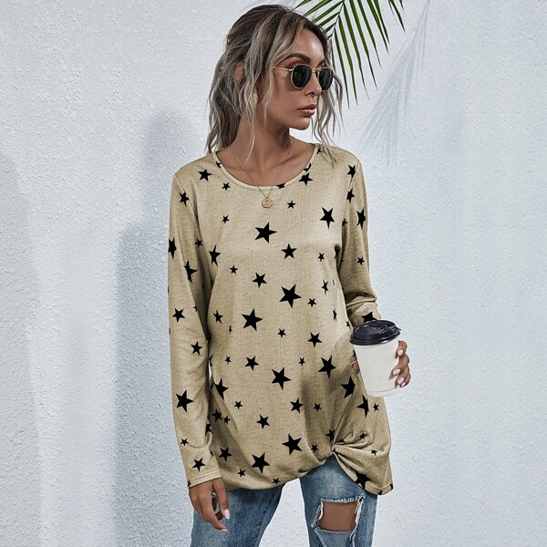 

Star Print Twist Front Longline Tee, Khaki