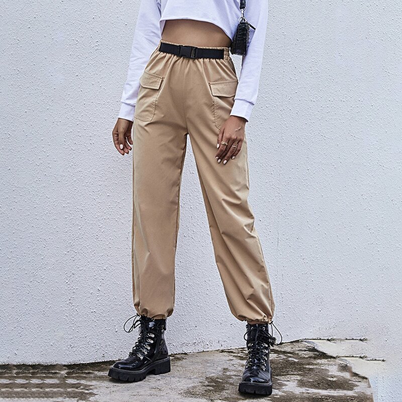 

Flap Pocket Drawstring Hem Buckle Cargo Pants, Khaki
