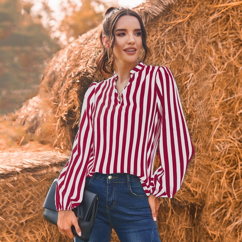 

Notch Neck Striped Blouse, Red and white