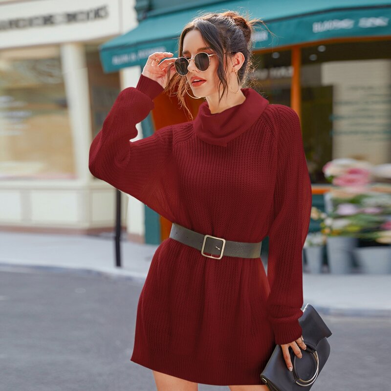 

Solid High Neck Longline Sweater Without Belt, Burgundy