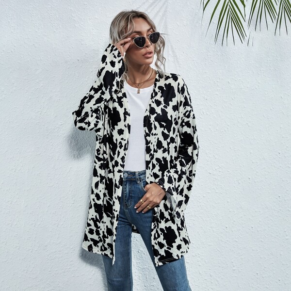 

Cow Print Drop Shoulder Coat, Black and white