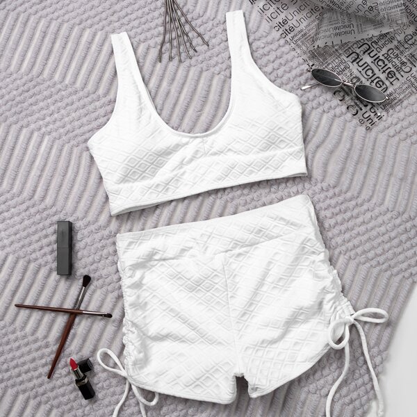 

Solid Tie Side Shorts Bikini Swimsuit, White