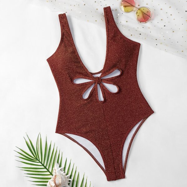 

Glitter Cut-out Knot Detail One Piece Swimsuit, Rust brown