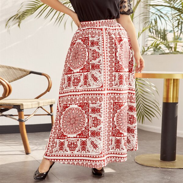 

Plus Scarf Print Skirt, Red and white