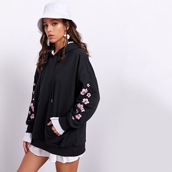 

Kangaroo Pocket Drop Shoulder Floral Print Hoodie, Black
