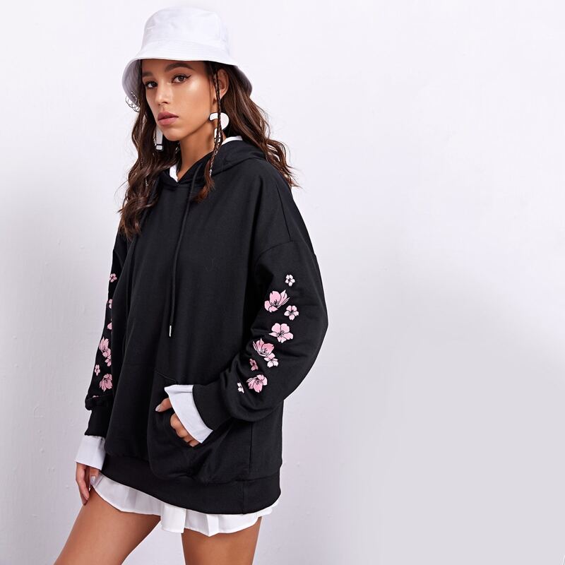 

Kangaroo Pocket Drop Shoulder Floral Print Hoodie, Black