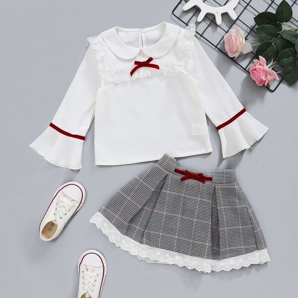 

Toddler Girls Bow Front Contrast Lace Blouse & Houndstooth Skirt, Black and white