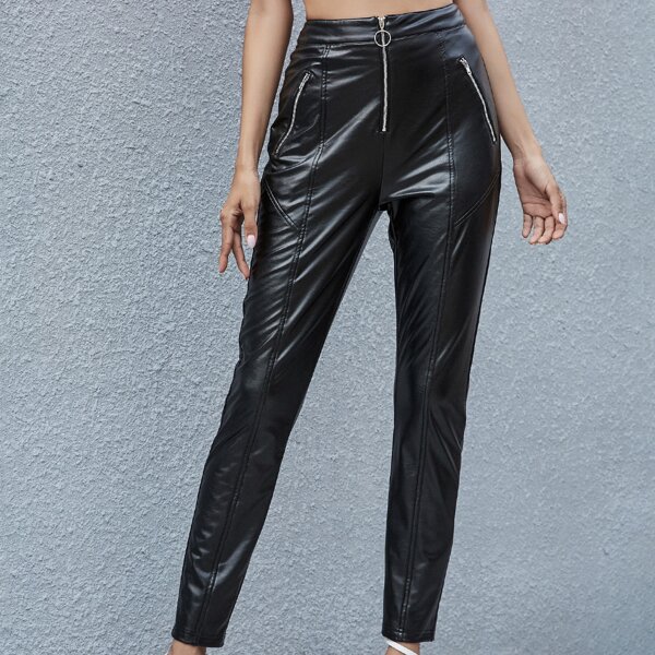 

Zipper Fly High Waisted PU Leather Pants, Black
