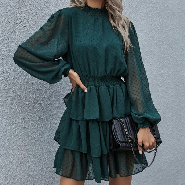 

Swiss Dot Bishop Sleeve Layered Ruffle Hem Dress, Dark green