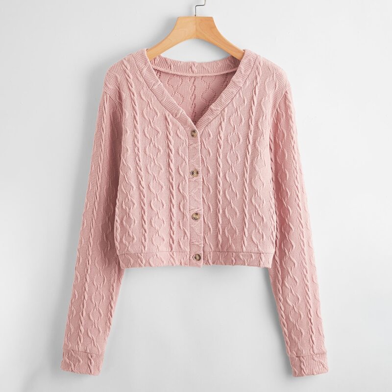 

Button Front Cable Knit Cardigan, Dusty pink