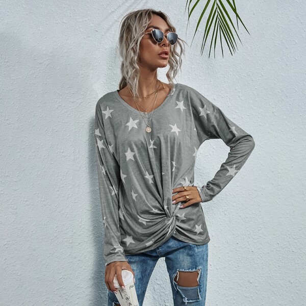 

Twist Hem Star Print Tee, Grey