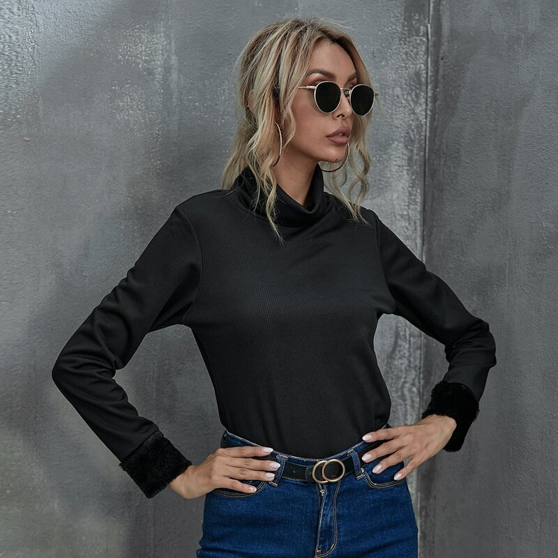 

Turtleneck Rib-knit Solid Tee, Black