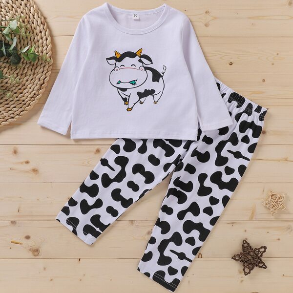 

Toddler Girls Cartoon Cow Print PJ Set, White black and white