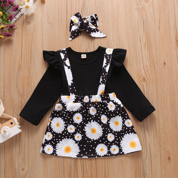 

Baby Girl Ruffle Trim Tee & Flower Print Pinafore Skirt & Headband, Black